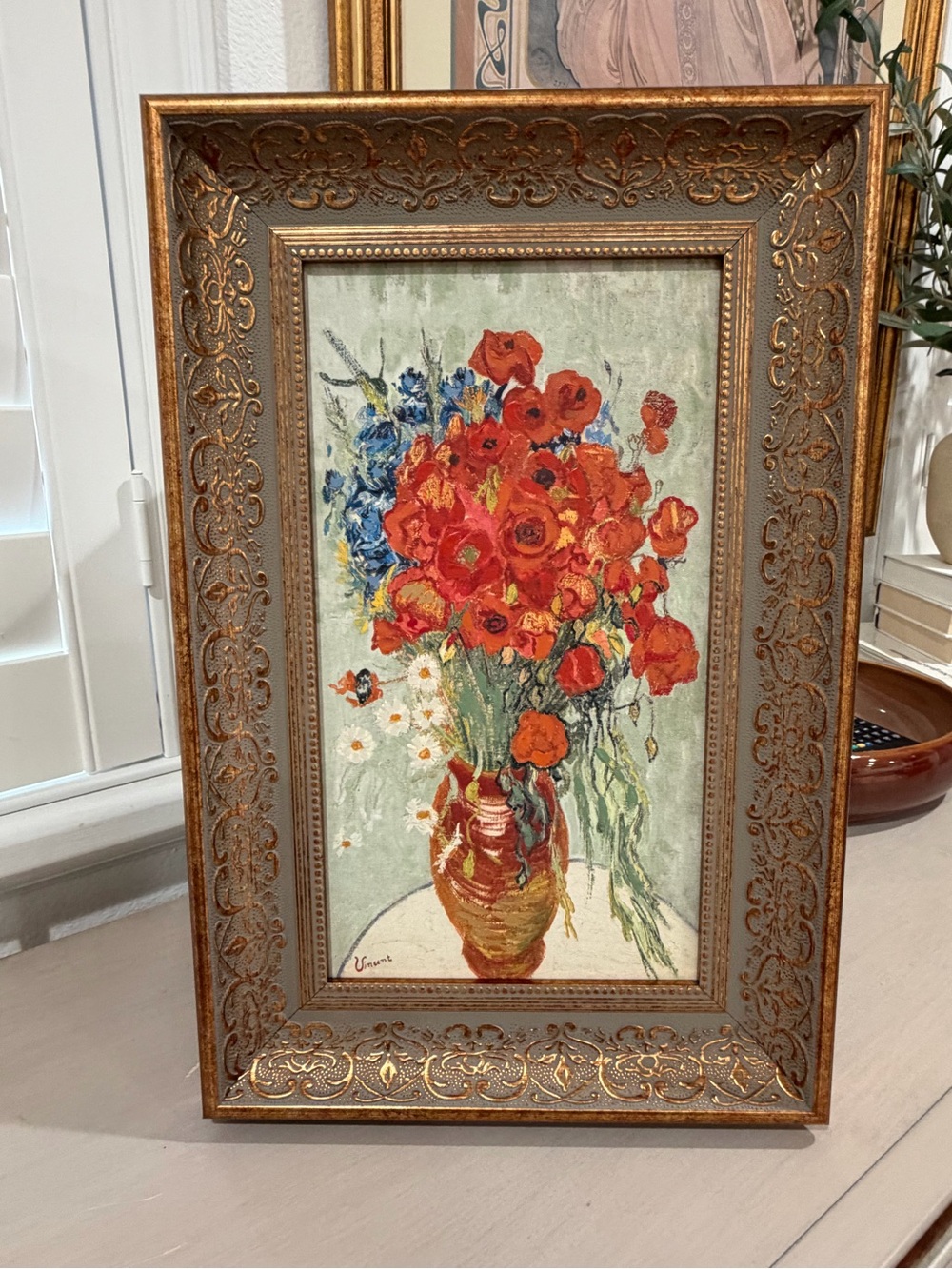 14x11” Red Poppies and Daisies by Vincent Van Gogh with gold ornate frame - Picture 7 of 10